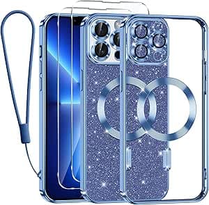 Kokio Funda Glitter Magnética para iPhone 13 Pro MAX con Cuerda [Compatible con MagSafe] Brillante Silicona Funda para iPhone 13 Pro MAX con 2 Piezas Cristal Templado Anti-Choque Carcasa, Azul