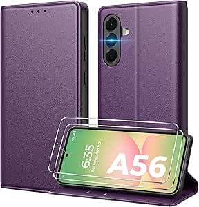 Peakally Funda para Samsung Galaxy A56 con Tapa y 2 pcs Protector Pantalla, [Ranura para Tarjeta] Funda Libro Carcasa para Samsung A56 5G PU Case [Función Soporte], Morado Oscuro