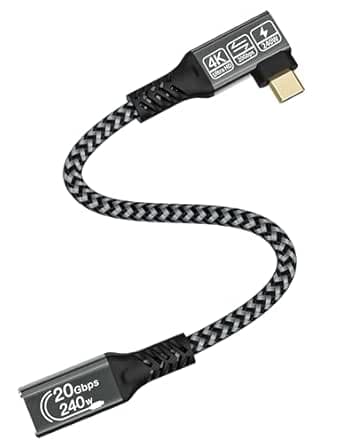CAKOBLE Alargador USB C 0.25m, Extensión 3,2 240W 48V/5A 20 Gbps, Cable Macho Hembra Vídeo 4K@60Hz, Codo Compatible Con iPhone 16/15 Pro Max, MacBook Pro, Galaxy S24/S23