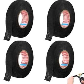 4 Cintas Aislantes Negras, Cinta de Algodón - 19 mm x 25 m - Cinta de Tela Negra, Resistente a Alta Temperatura para Aislar y Agrupar Cables de Manera Segura