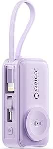 ORICO Mini Power Bank 5000mAh - 22.5W PD USB-C Carga Rapida, Cable Lightning Integrado y USB-C, Carga inalámbrica para Apple Watch, Accesorios de Viaje para iPhone 17 16 15 14, Lila