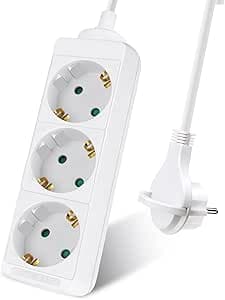 EXTRASTAR Regleta Alargador con 3 Enchufes,Cable 1.5M Clavija Plana, para el hogar, Oficina y Viajes, 16A, 250V, 3680W, Blanco