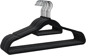 PORTENTUM Perchas de Terciopelo, Set de 10, Negro - Antideslizantes con Gancho Giratorio 360º, Muescas y Soporte Accesorios, Ahorra Espacio 0,6 cm Espesor, Made in Spain