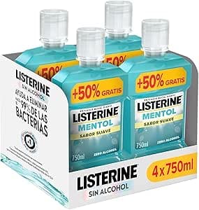 Listerine Mentol Sabor Suave (4x750 ml), enjuague bucal con flúor, colutorio encías con 24 h de protección y 0% alcohol, enjuague bucal sin alcohol para un aliento fresco