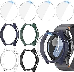 4+4Piezas Funda 44mm para Samsung Galaxy Watch 7 Protector, Antiarañazos PC Carcasa + HD Protector de Pantalla de Cristal Templado para Galaxy Watch 7 44mm (Negro+AzulMedianoche+Verde+Claro)
