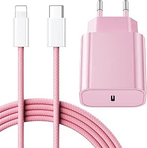 25W Cargador Carga Rapida for iPhone 14/14 Pro/14 Pro Max/14 Plus 13 12 11 SE XR X XS 8 7, USB C Carregador Enchufe Rapido Adaptador Charger Corriente con 2M Cable, Rosa