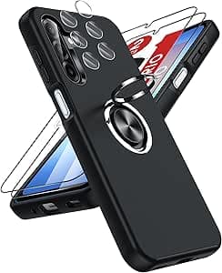 LeYi Funda para Samsung Galaxy A17/A 17 4G/5G 5 G Movil Carcasa,con 2X Cristal Templado 2X De Lentede Protector Pantalla,Capa Anillo Giratorio 360 Ring Metal Cover,TPU Antigolpes Case,Negro