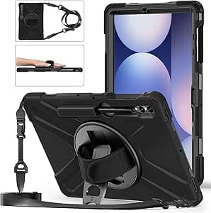Gerutek Funda Anticaída para Samsung Galaxy Tab S10+ Plus 2024/S9+ Plus 2023/S9 FE Plus 12.4", Carcasa Rugosa con Soporte Giratorio, Correa de Mano/Hombro, Portalápices, Funda para Tab S10+/S9+, Negro