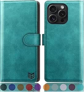 SUANPOT Funda para iPhone 16 Pro MAX 6.9" con Tapa【Bloqueo RFID】de Cuero PU Cierre Magnético,Soporte Plegable,Ranura para Tarjeta Cover para Apple 16 Pro MAX Phone Case Azul Verde